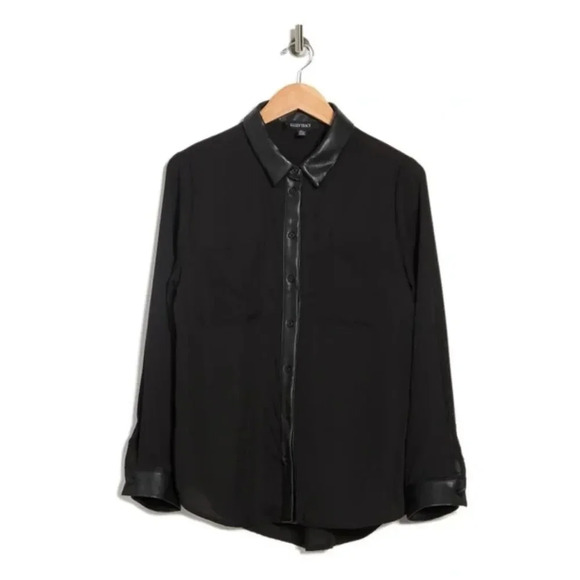 Ellen Tracy Faux Leather Trim Button-up Shirt Black Size Medium - Picture 2 of 4